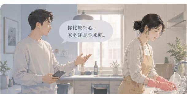 你比较细心,家务还是你来吧情境插画